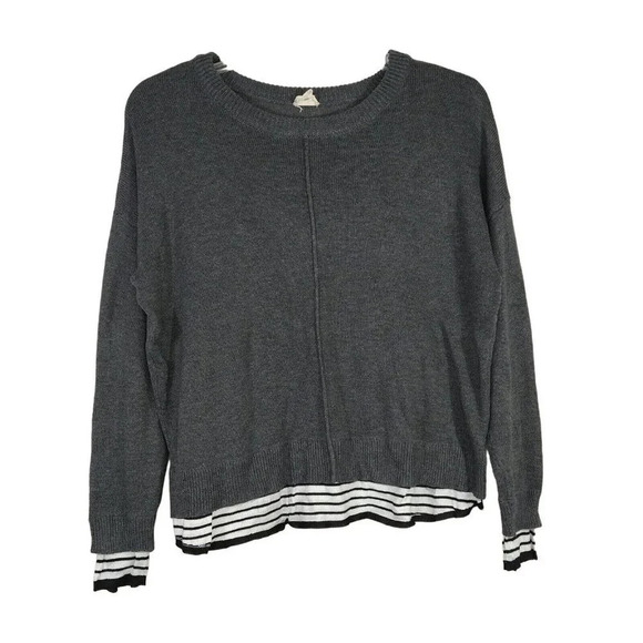 Hem and Thread Sweater Women Size M Grey Long Sleeve Stripe Contract - Picture 1 of 7